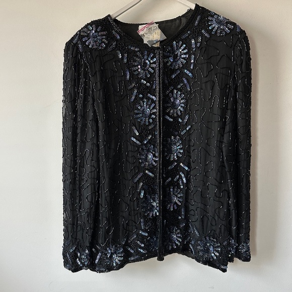 Vintage Black & Blue Sequin Silk Cardigan Size M - Picture 5 of 10
